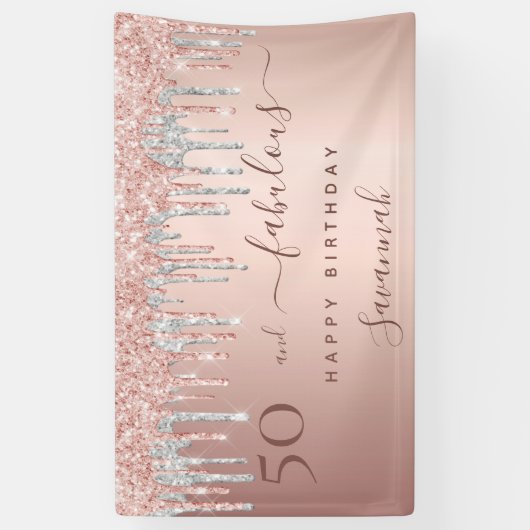 50 jaar en Fabulous verjaardagsgoudzilver roos Spandoek (Verticaal)