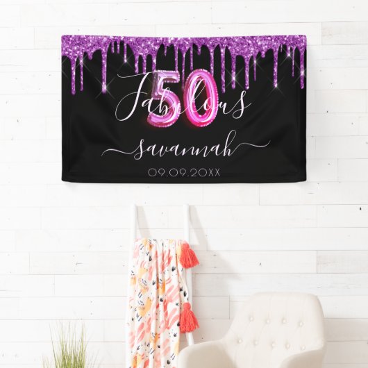 50 jaar en feestdag zwarte paarse glitter spandoek (Insitu)
