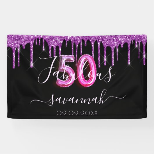 50 jaar en feestdag zwarte paarse glitter spandoek (Horizontaal)