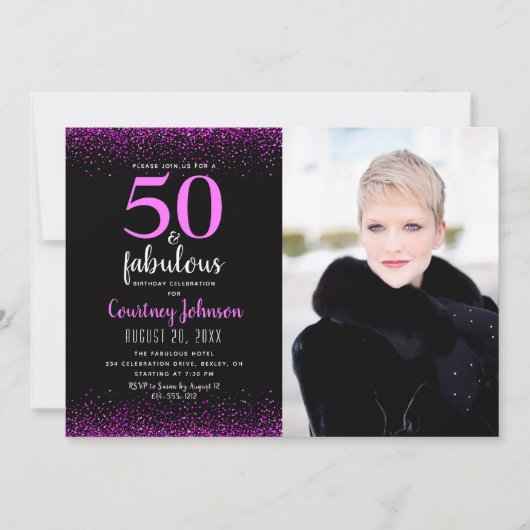 50 jaar en geweldig roze verjaardagsketti op zwart kaart (Voorkant)