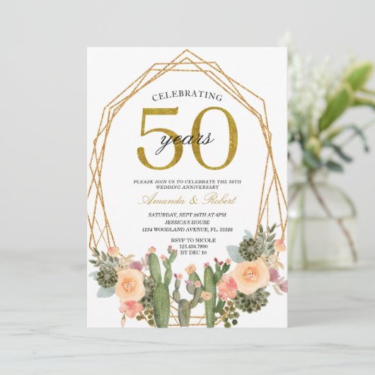 50 jaar Floral Cactus Golden Wedding Jubileum Kaart (Staand voorkant)