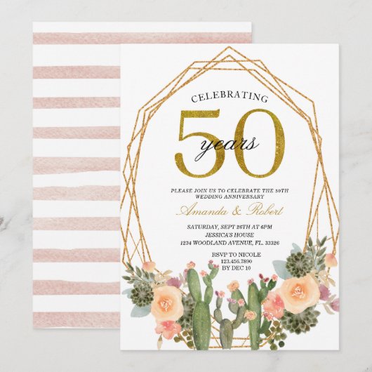 50 jaar Floral Cactus Golden Wedding Jubileum Kaart (Voorkant / Achterkant)