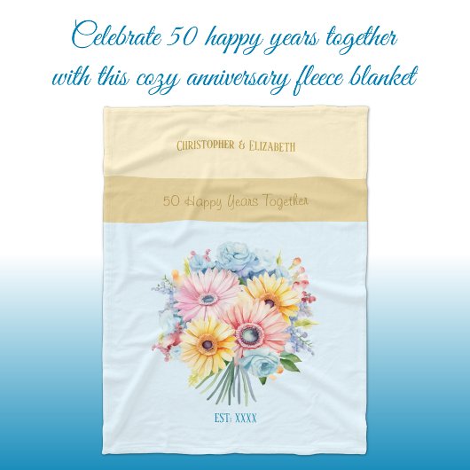 50 jaar gouden jubileum bloemen blauw fleece deken