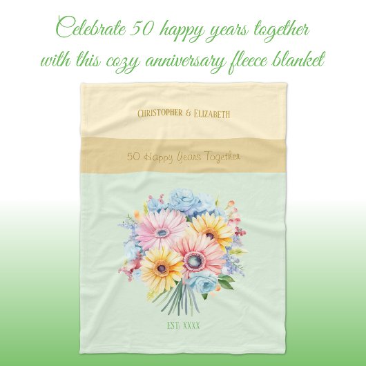 50 jaar gouden jubileum bloemen groen fleece deken
