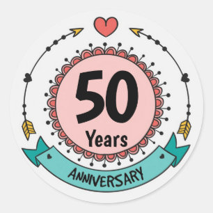 50 Jaar Jubileum met Harten en Pijlen Ronde Sticker