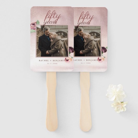 50 jaar Jubileum Roos  Gold Glitter Handwaaier (Voorkant en achterkant)