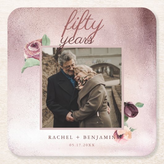 50 jaar Jubileum Roos Gold Glitter Kartonnen Onderzetters (Voorkant)