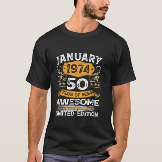 50 jaar oud cadeau januari 1974  Retro 50th B T-shirt (Voorkant)