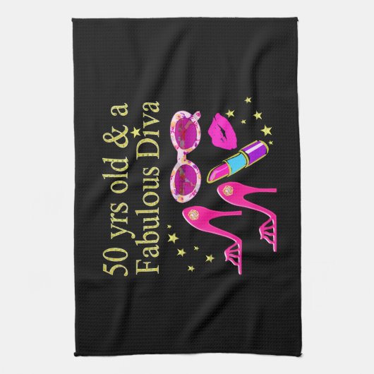 50 JAAR OUD EN EEN FANTASTISCH DIVA DESIGN THEEDOEK (Verticaal)