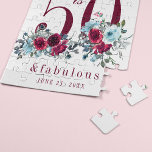 50 jaar oud en fantastisch geschenk van de rode bo legpuzzel<br><div class="desc">Elegant feminine 50 en geweldige verjaardagscadeau gepersonaliseerd met waterverf red burgundy en licht stoffige blauwe pony rozen bouquets en een modern trendy douane-typografiescript.</div>