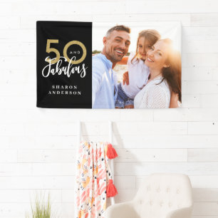 50 jaar oud zwart en gouden fotocollage spandoek