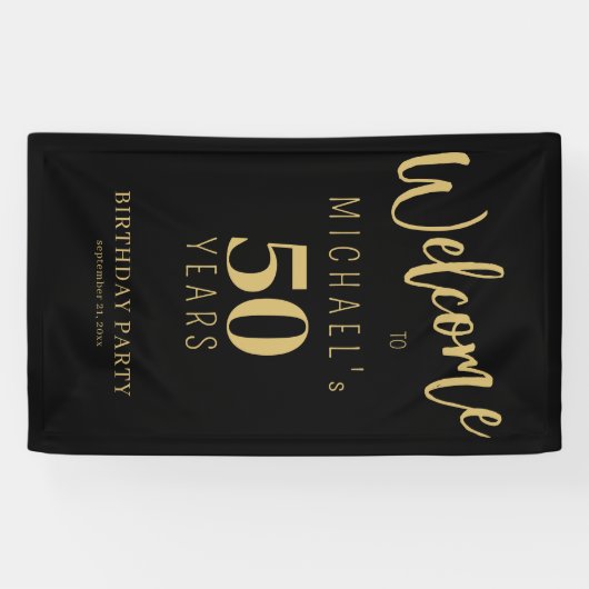 50 jaar verjaardagsnaam gepersonaliseerd zwart gou spandoek (Horizontaal)