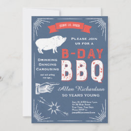 50 jaar Young Retro Red White en Blue BBQ Party Kaart