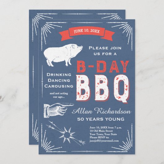 50 jaar Young Retro Red White en Blue BBQ Party Kaart (Voorkant / Achterkant)