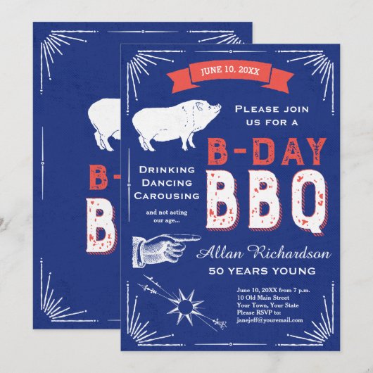 50 jaar Young Retro Red White en Blue BBQ Party Kaart (Voorkant / Achterkant)