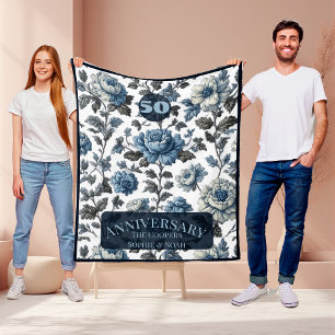 50-jarig Huwelijk Jubileum Stof Blauwe Bloemstuk P Fleece Deken