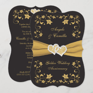 50-jarig jubileum Joined Hearts Invite, Black Gold Kaart