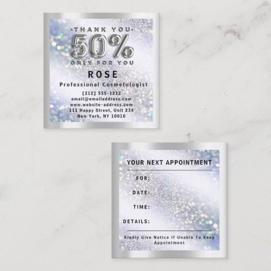 50% korting Logo Hair Lash Glitter Silver Afsprakenkaartje (Voorkant / Achterkant)