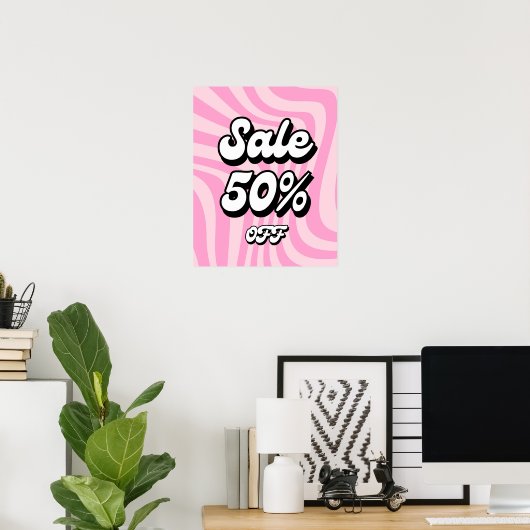 50% korting op verkoop teken, roze Retro Boutique  Poster (Thuiskantoor)