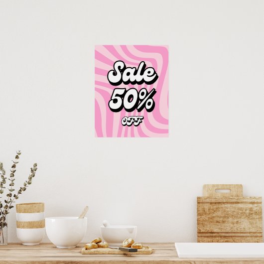50% korting op verkoop teken, roze Retro Boutique  Poster (Keuken)