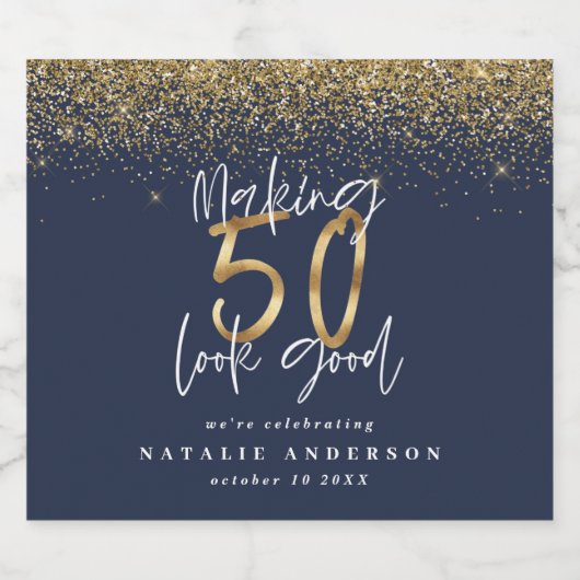 50 lijken een mooi blauw gouden verjaardagsfeest bier etiket (Enkel label)