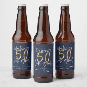 50-lijkt een mooi blauw gouden verjaardagsfeest bier etiket