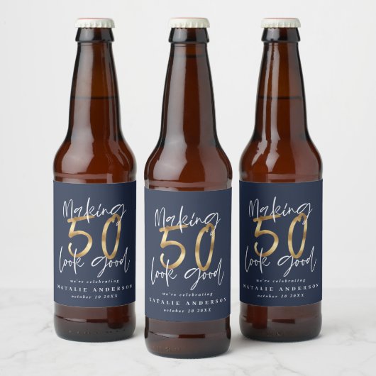 50-lijkt een mooi blauw gouden verjaardagsfeest bier etiket (Flessen)