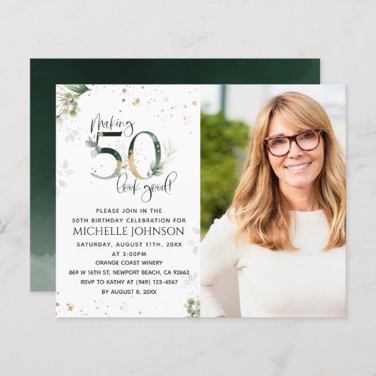 50-look Good Gold Photo Birthday Invitation (Voorkant / Achterkant)
