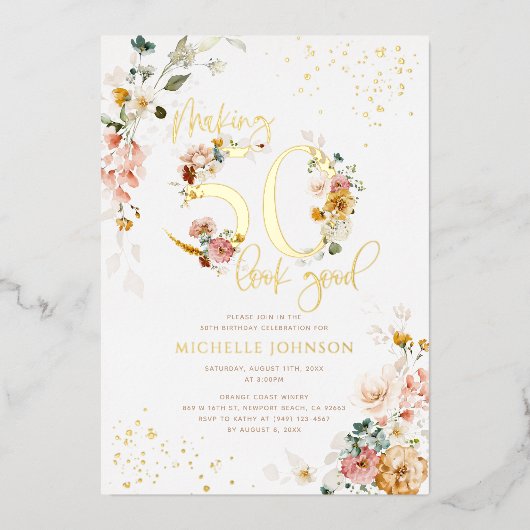 50-look Good Pink Floral Gold Folie Uitnodiging (Voorkant)