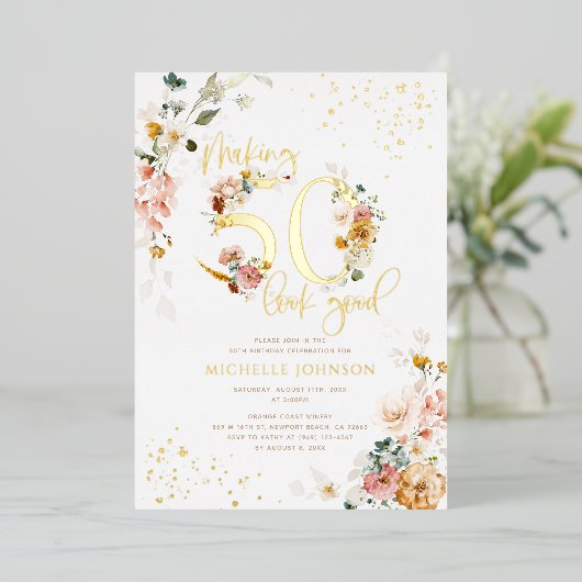 50-look Good Pink Floral Gold Folie Uitnodiging (Staand Voorkant)