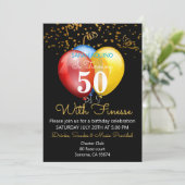 50 met zwarte Finesse Confetti & ballonnen op zate Kaart (Staand voorkant)