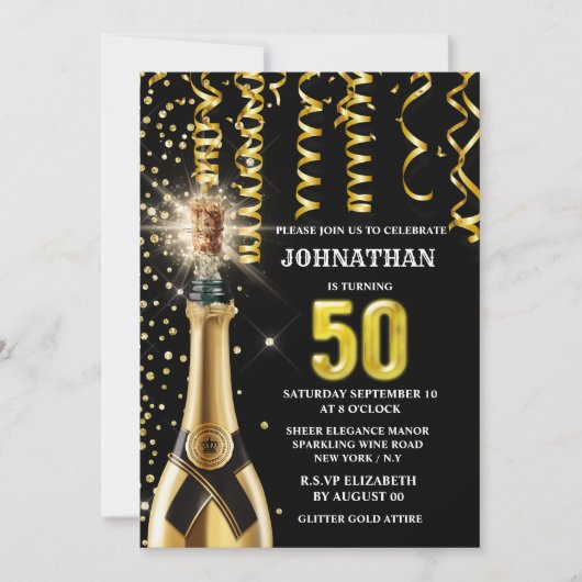 50 mijlpaal mousserende wijn goud zwarte glitter  kaart (Voorkant)