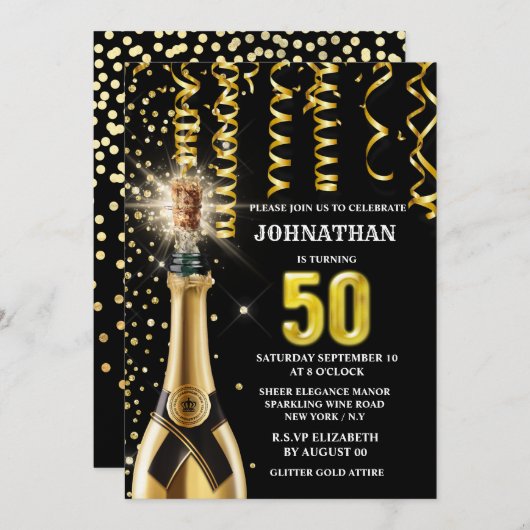 50 mijlpaal mousserende wijn goud zwarte glitter  kaart (Voorkant / Achterkant)