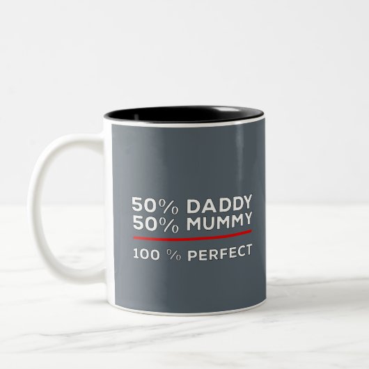 50% papa 50% mama 100% perfect tweekleurige koffiemok (Links)