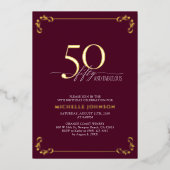 50 & Prachtig Burgundy & Goud Kalligrafie Verjaard Folie Uitnodiging (Voorkant)