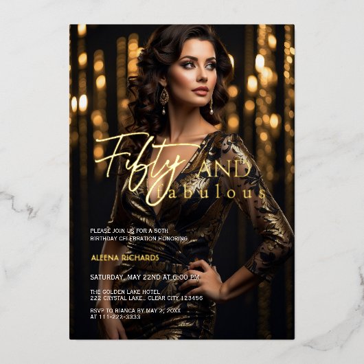 50 & Prachtig Foto Zwart Goud Folie Uitnodiging (Voorkant)