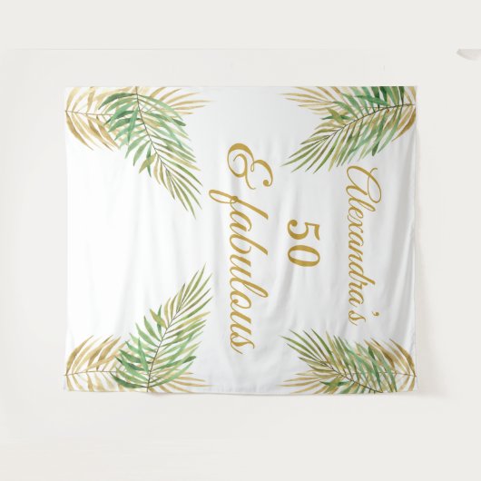 50 prachtige verjaardag goud Groene palmen Wit Wandkleed (Voorkant (horizontaal))