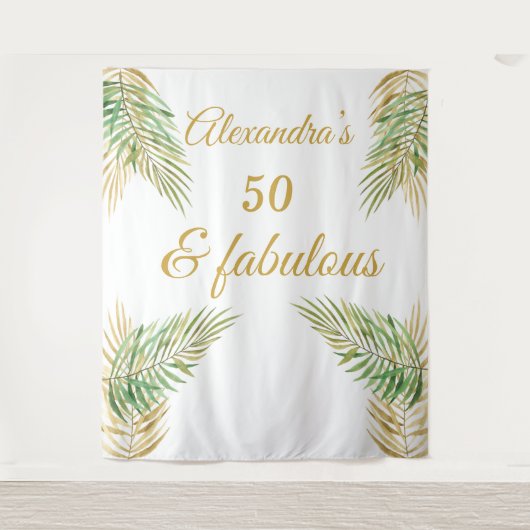 50 prachtige verjaardag goud Groene palmen Wit Wandkleed (Voorkant)