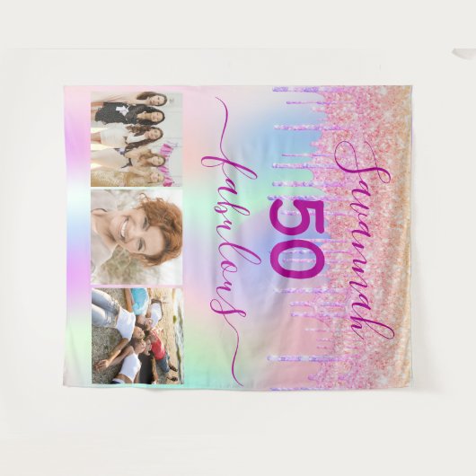 50 prachtige verjaardag roze paarse glitters foto wandkleed (Voorkant (horizontaal))