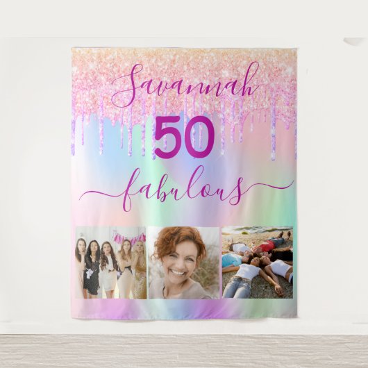 50 prachtige verjaardag roze paarse glitters foto wandkleed (Voorkant)