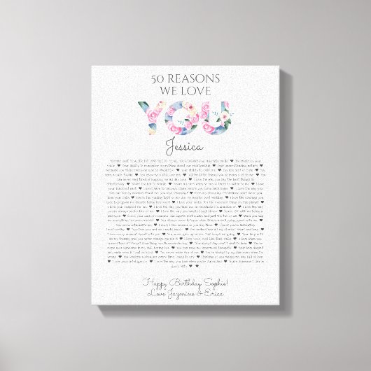 50 redenen waarom we van je houden roze blauwe blo canvas afdruk (Voorkant)