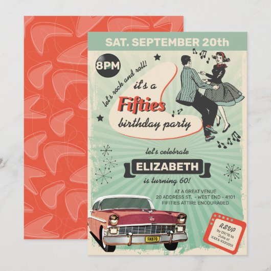 50 Rockabilly verjaardagsfeestje in het groen Kaart (Voorkant / Achterkant)