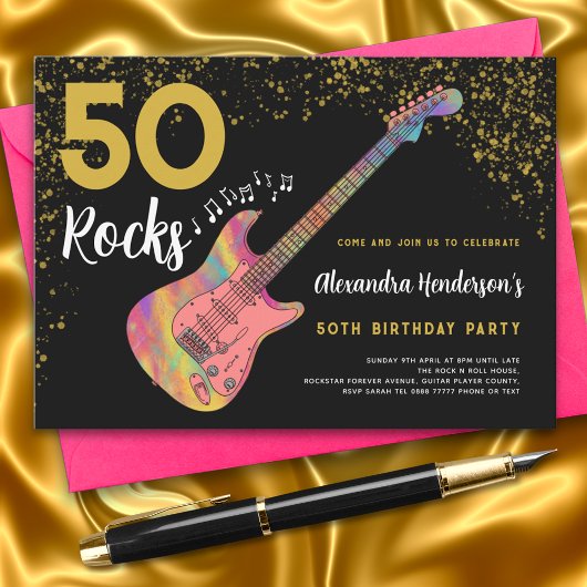 50 Rocks 50e verjaardagsfeest Roze Zwart Goud Kaart