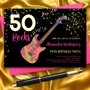50 Rocks 50ste Verjaardagsfeest Roze Zwart Goud Folie Uitnodiging