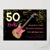50 Rocks 50ste verjaardagsfeestje roze zwart goud Folie Uitnodiging (Voorkant)