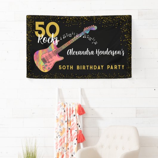 50 Rocks 50ste verjaardagsfeestje roze zwart goud Spandoek (Insitu)