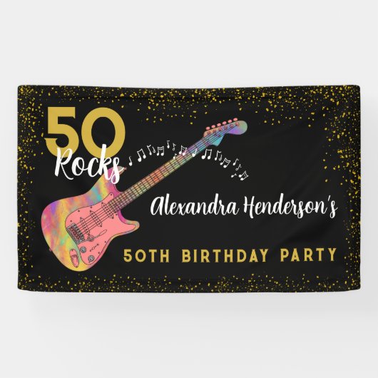 50 Rocks 50ste verjaardagsfeestje roze zwart goud Spandoek (Horizontaal)