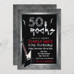 50 Rocks Rockstar Guitar 50th Birthday Invitation Kaart<br><div class="desc">50 Rocks Rockstar Electric Guitar Metallic Silver Glitter 50th Surprise Birthday Invitation</div>