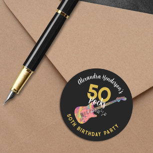 50 Rocks Roze Gitaar 50ste Verjaardagsfeestje Goud Ronde Sticker