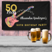 50 Rocks Verjaardagsfeest Roze gitaar Zwart en Gou Spandoek